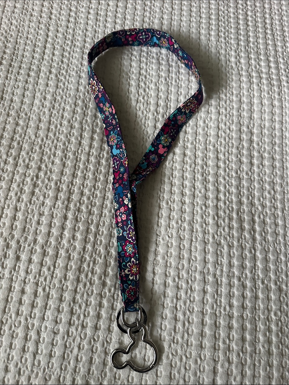 Floral Navy and Pink Lanyard with Silver Mickey Key Ring